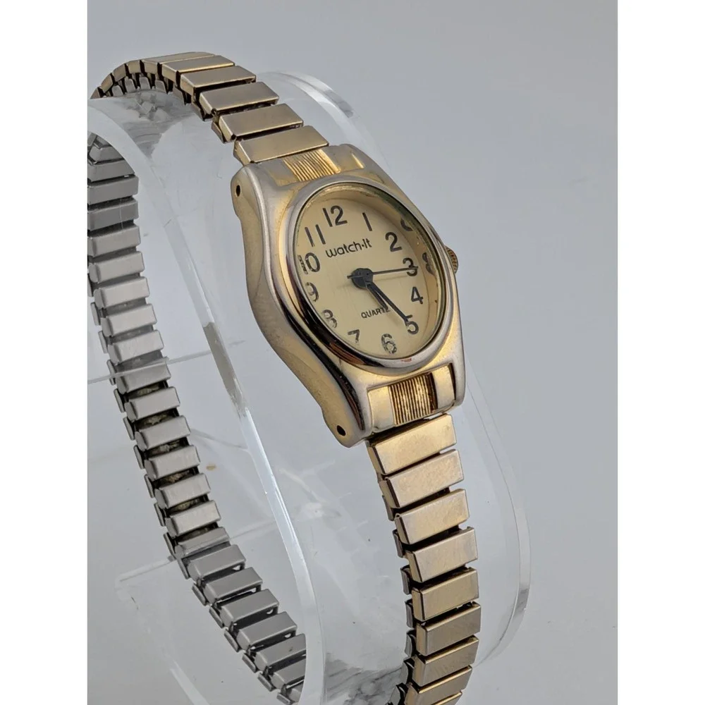 Vintage Watch-It Watch Women 18mm Case Gold‎ Stretch Band- New Battery